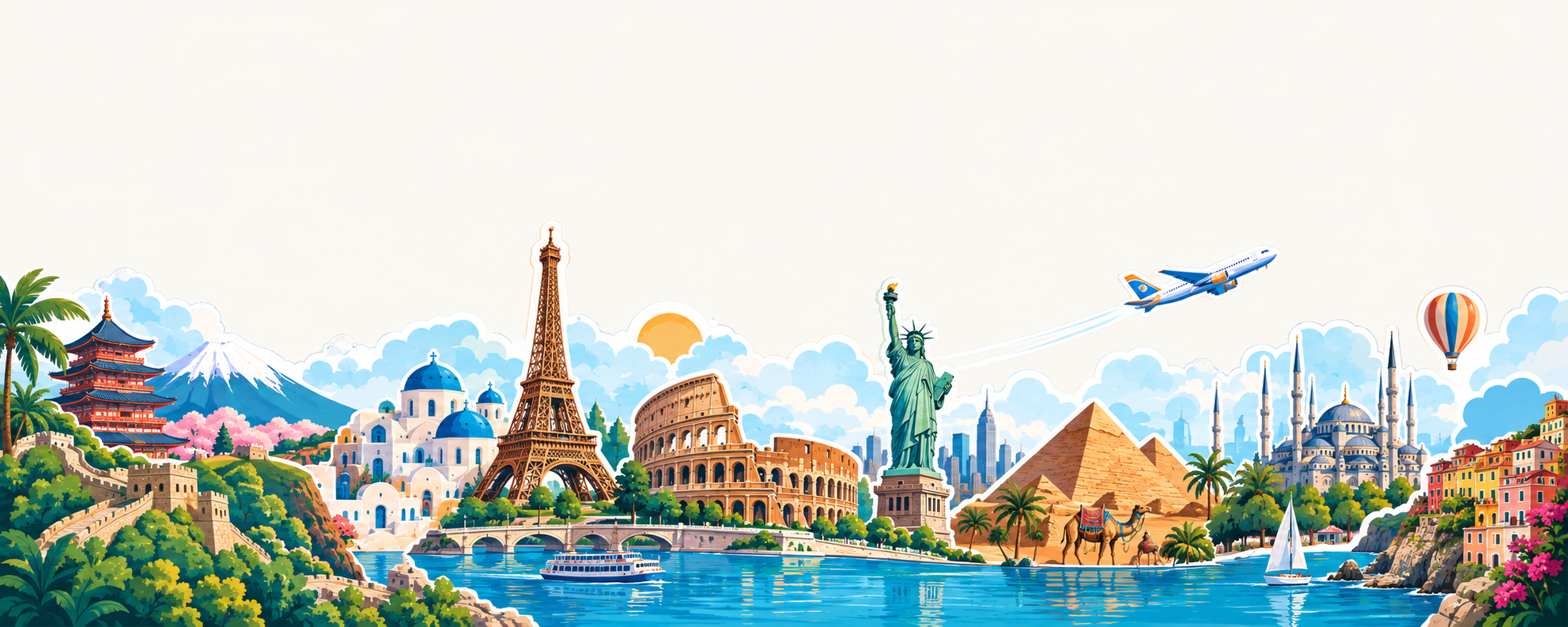 A colourful illustrated world of landmarks, coastlines and an aircraft taking flight